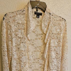 Open Front Lace Cream Shrug with Sequins by Connected Apparel